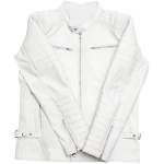 Band Collar White Leather Moto Jacket