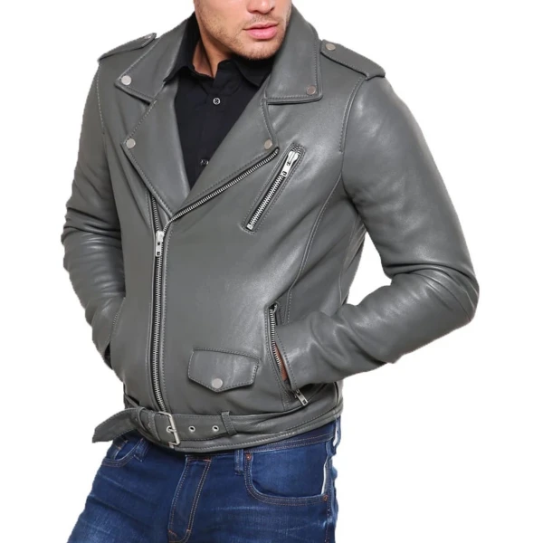 Belted Grey Leather Moto Jacket