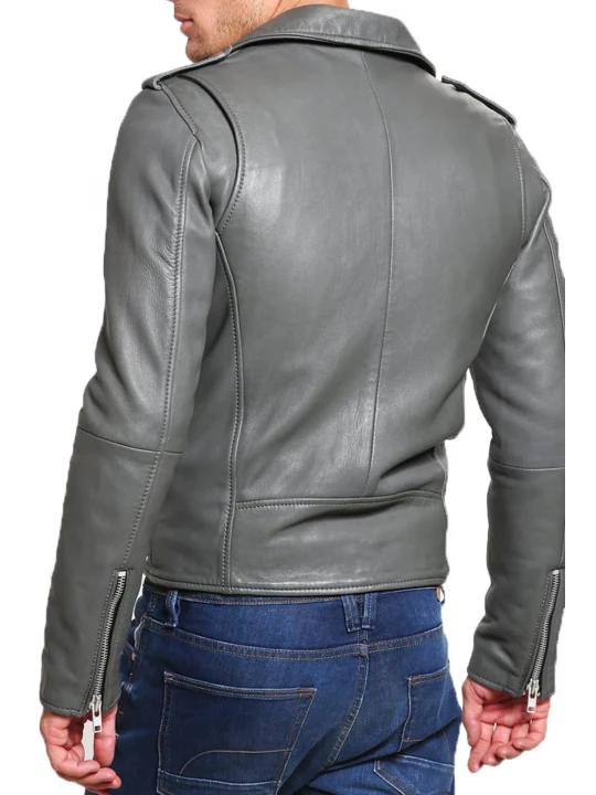 Belted Grey Leather Moto Jacket