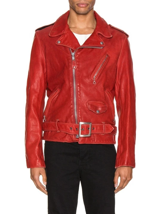 Belted Red Leather Moto Jacket