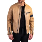 Bicep Band Detailing Beige Leather Moto Jacket