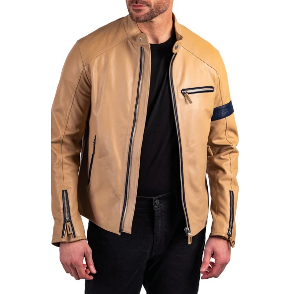 Bicep Band Detailing Beige Leather Moto Jacket