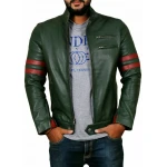 Bicep Strips Green Leather Biker Jacket