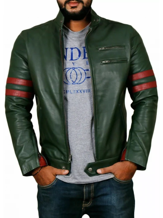 Bicep Strips Green Leather Biker Jacket