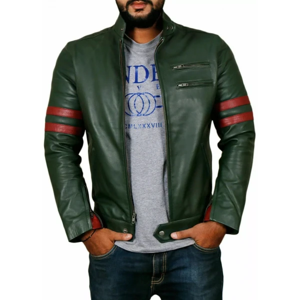 Bicep Strips Green Leather Biker Jacket