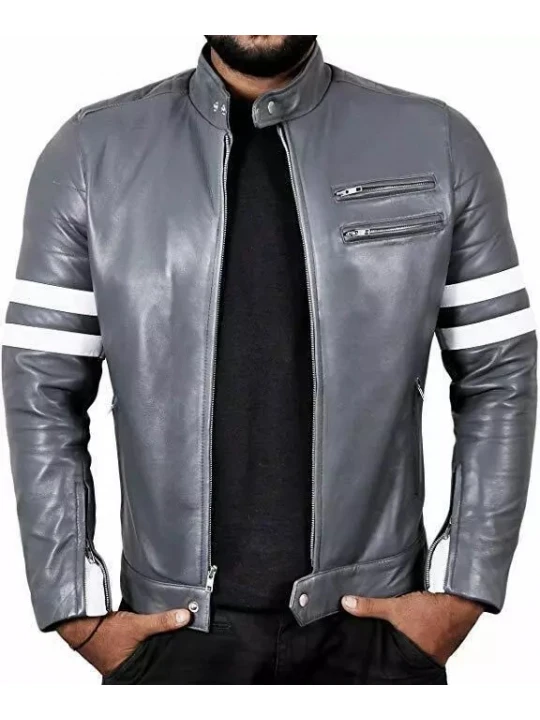 Bicep Strips Grey Leather Biker Jacket