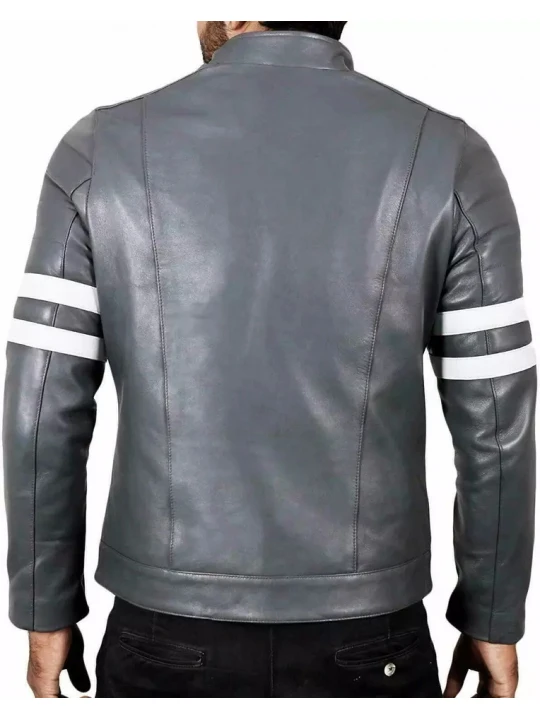 Bicep Strips Grey Leather Biker Jacket