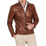 Four Zipper Pockets Brown Leather Biker Jacket