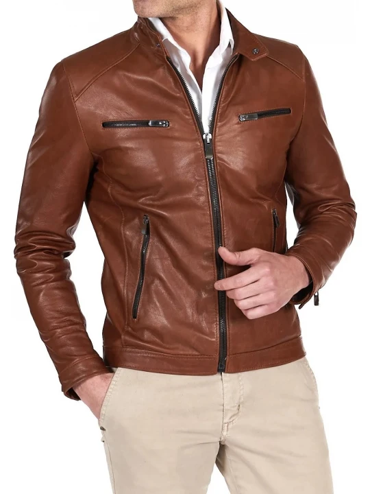 Four Zipper Pockets Brown Leather Biker Jacket