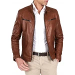 Four Zipper Pockets Brown Leather Biker Jacket