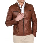 Four Zipper Pockets Brown Leather Biker Jacket