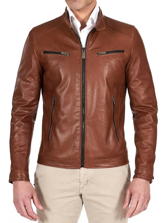 Four Zipper Pockets Brown Leather Biker Jacket