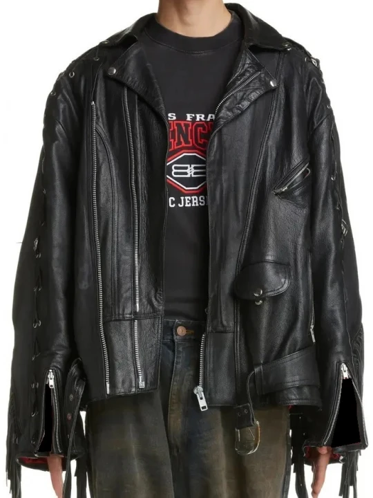 Fringe Detailing Black Leather Moto Jacket
