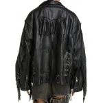 Fringe Detailing Black Leather Moto Jacket