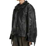 Fringe Detailing Black Leather Moto Jacket
