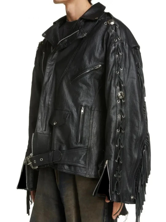 Fringe Detailing Black Leather Moto Jacket