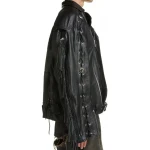 Fringe Detailing Black Leather Moto Jacket