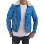 Fur Collar Blue Leather Biker Jacket