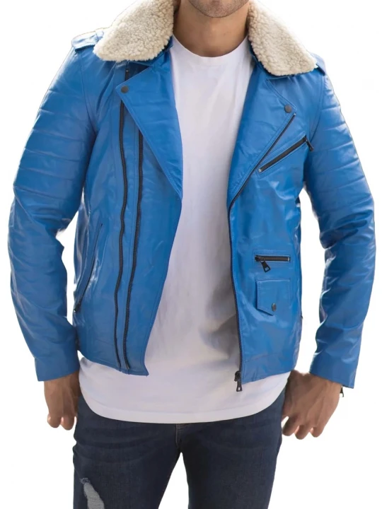 Fur Collar Blue Leather Biker Jacket