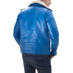 Fur Collar Blue Leather Biker Jacket