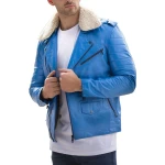 Fur Collar Blue Leather Biker Jacket
