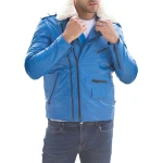 Fur Collar Blue Leather Biker Jacket
