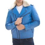 Fur Collar Blue Leather Biker Jacket