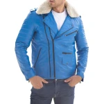 Fur Collar Blue Leather Biker Jacket