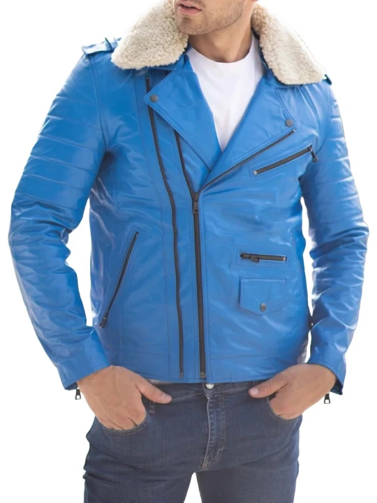 Fur Collar Blue Leather Biker Jacket
