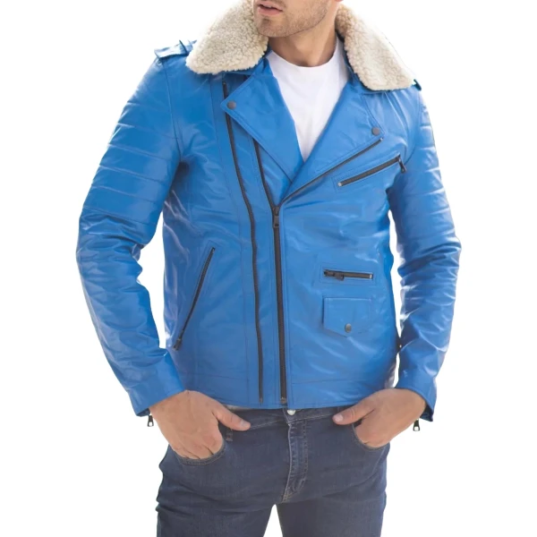 Fur Collar Blue Leather Biker Jacket