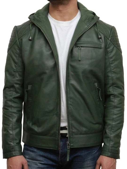 Green Hooded Biker Leather Jacket