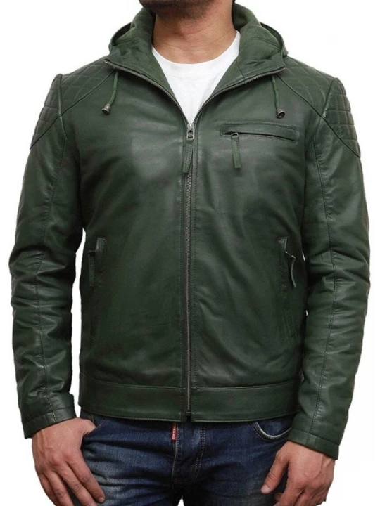 Green Hooded Biker Leather Jacket