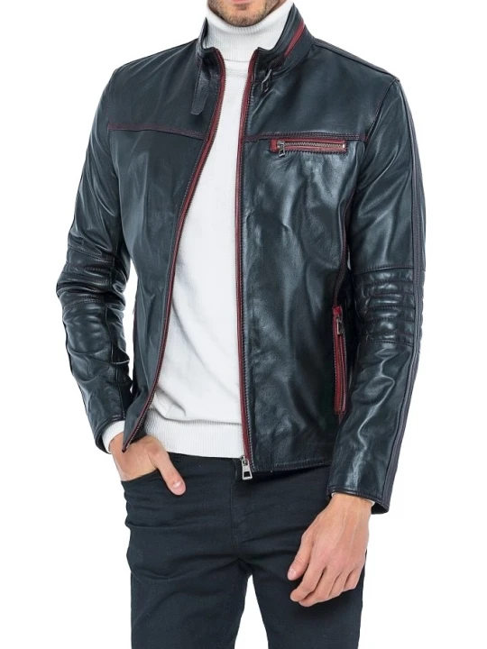 High Collar Black Leather Biker Jacket