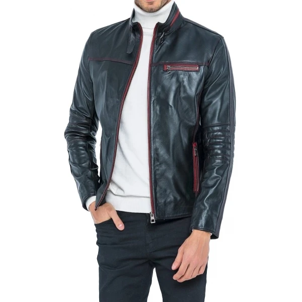 High Collar Black Leather Biker Jacket