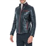 High Collar Black Leather Biker Jacket