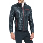 High Collar Black Leather Biker Jacket