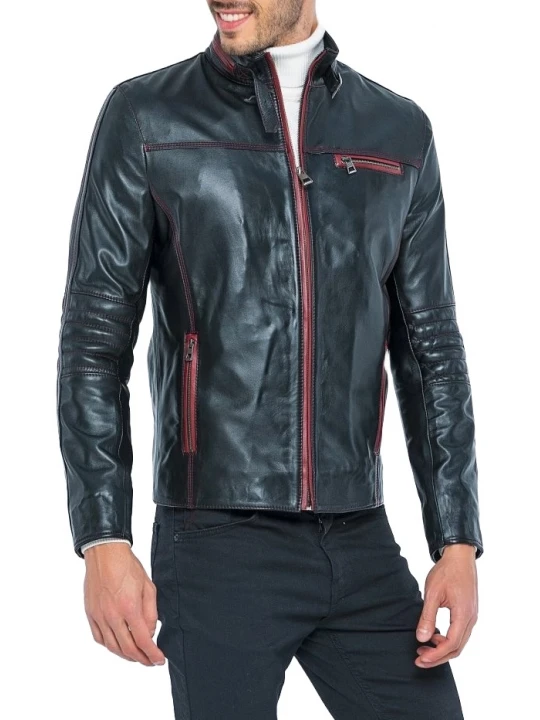 High Collar Black Leather Biker Jacket