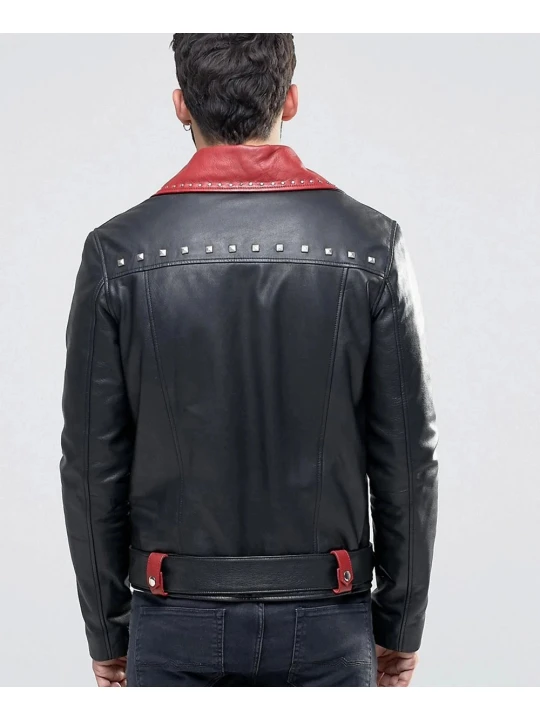 Mens Belted Black With Red Lapel Leather Biker Jacket