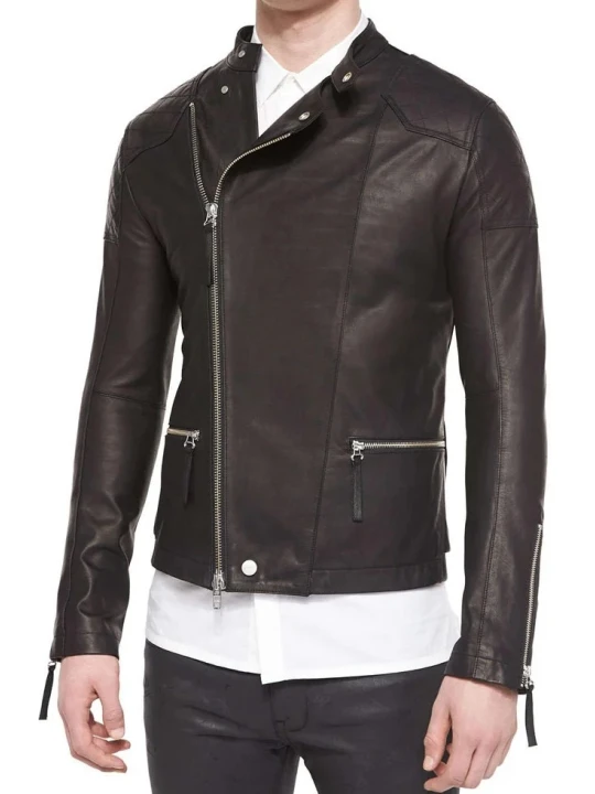 Quilted Detailing Backside Black Leather Biker Jacket