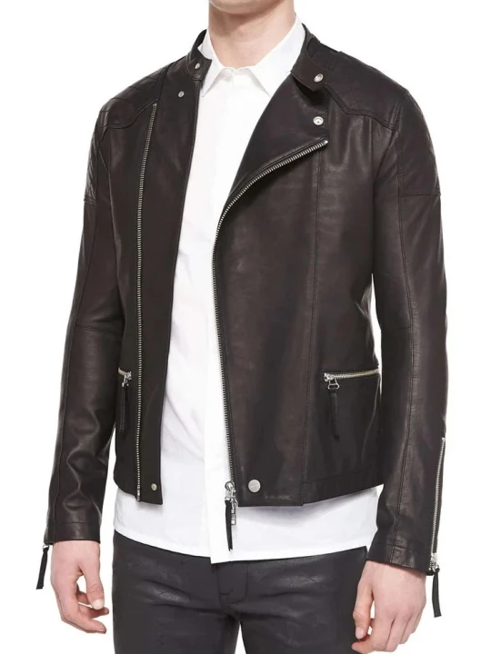 Quilted Detailing Backside Black Leather Biker Jacket