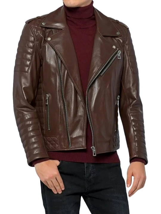 Quilted Detailing Brown Leather Biker Jacket
