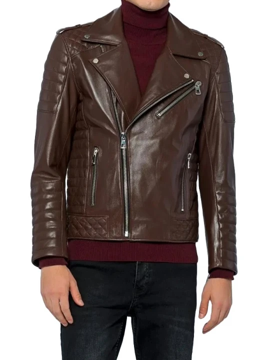 Quilted Detailing Brown Leather Biker Jacket