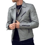 Quilted Detailing Grey Leather Moto Jacket