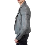 Quilted Detailing Grey Leather Moto Jacket