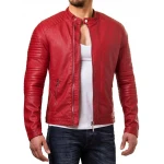 Quilted Detailing Red Leather Biker Jacket