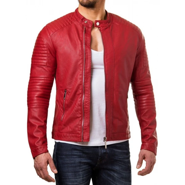 Quilted Detailing Red Leather Biker Jacket