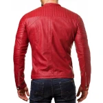 Quilted Detailing Red Leather Biker Jacket