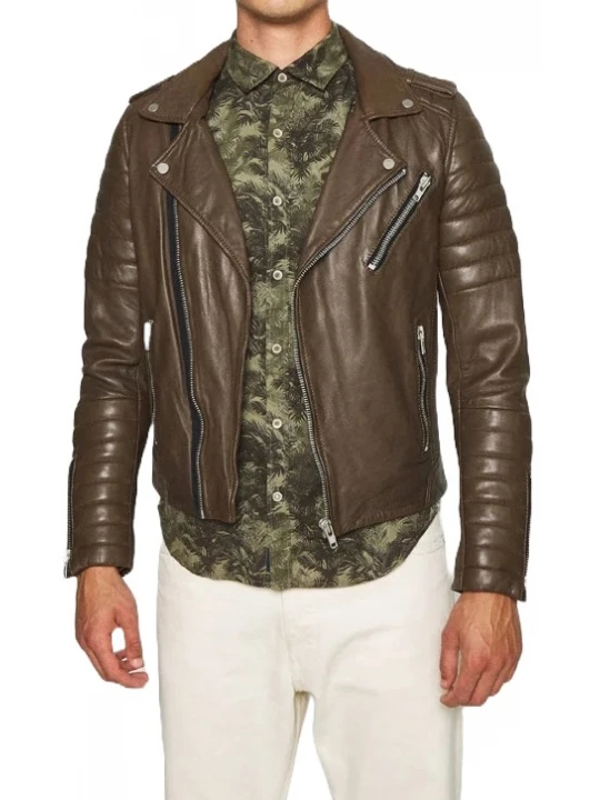 Quilted Sleeve Brown Leather Biker Jacket