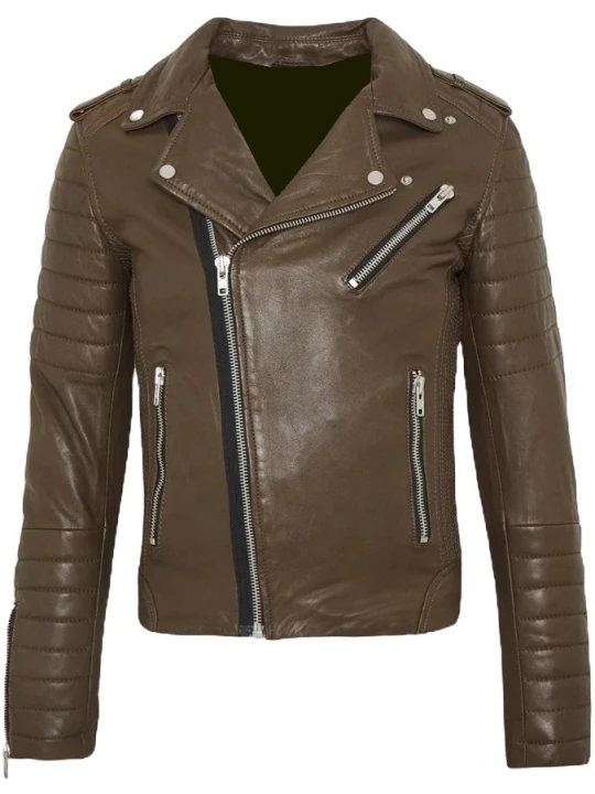 Quilted Sleeve Brown Leather Biker Jacket