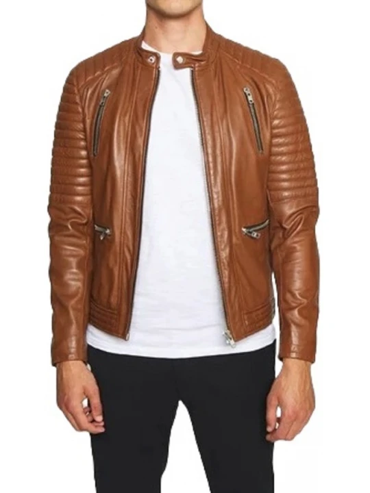 Quilted Sleeve Brown Leather Moto Jacket